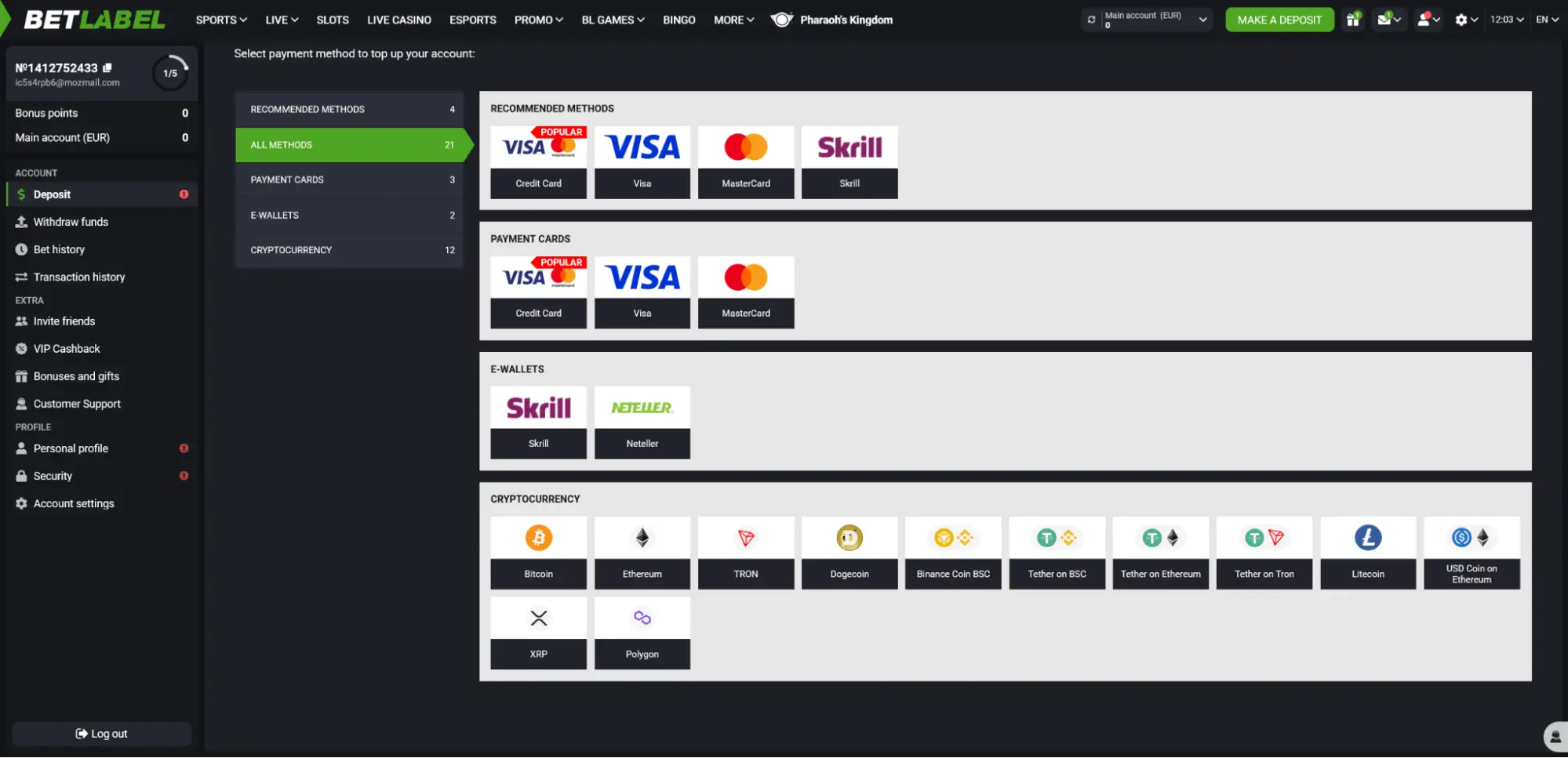 screenshot BetLabel Casino